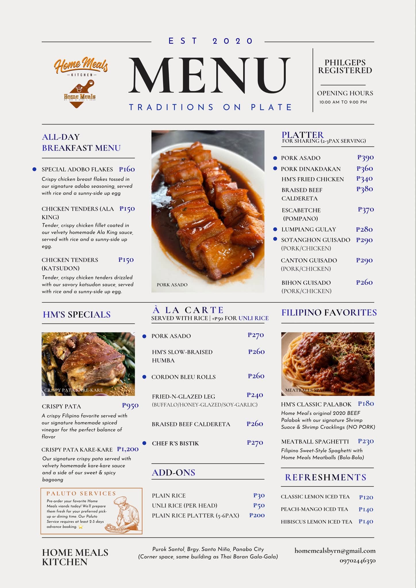 Home Meals Kitchen menu listing all-day breakfast, specials, à la carte plates, platters, Filipino favorites, and refreshments